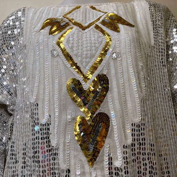 VTG Sequin Gold Hearts Beaded Embellished Disco Chic Valentine Glam Retro Blouse - Picture 5 of 16